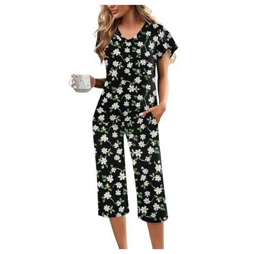 Ekouaer Conjunto de pijama feminino de manga curta com babados, blusa e calça capri macia, conjunto de 2 peças, P-2GG, Margarida preta floral, M