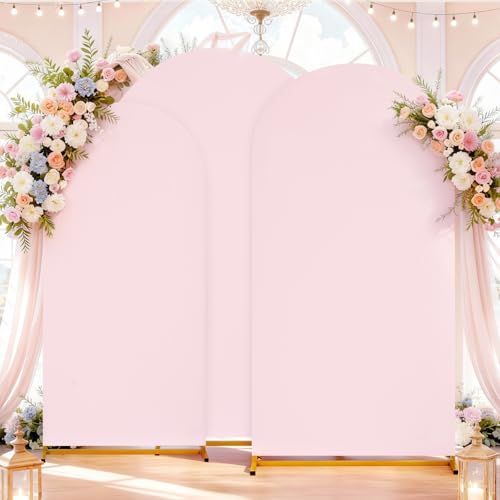Image of SoarDream Wedding Arch Covers Pink Spandex Arch Stand Covers Set of 3 Pink Round Top Blushing Chiara Arch Covers 6FT 6.6FT 7.2FT for Wedding Bridal Shower Decor