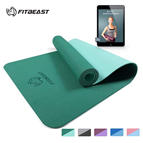 FitBeast Yoga Mat, 6mm Thick Non-Slip Exercise Yoga Mat, TPE Eco-Friendly Fitness Mat with Carrying Strap-Workout Mat for Yoga, Pilates 183 x 61 x 0.6CM, Compact Lightweight for Home Gym Workout
