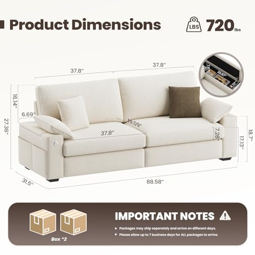 Image of MALOL 89 inch Loveseat Couch, 3 Seater Upholstered Mid-Century Mondern Love Seat with USB Type C Ports, 4 Pillows and Storage Armrest Cloud Foam Sofa for Living Room /Small Spaces, Beige