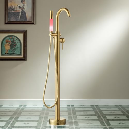 WOODBRIDGE Contemporary Single Handle Floor Mount Freestanding Tub Filler Faucet with Integrated LED...