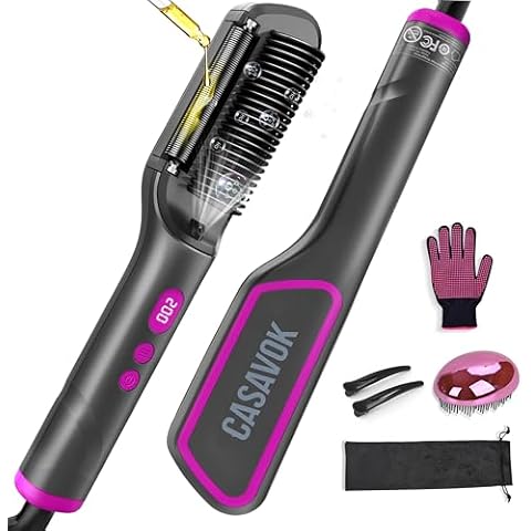 Hair Straightener Brush with Negative Ion,3 IN1 Hair Straightening Brush with Essential Oil Infusion,Hair Brush Straightener for Women,Dual Voltage for Travel, Anti-Scald,9 Digital Temp-Setting Cover