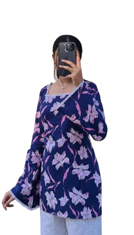 Women's & Girl Printed Top, Full Sleeves, Leaf Pattern Design Navy Blue-picture-34