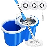 Spin Mop and Bucket with Wringer Set, 360° Mop and Bucket Set for Floor Cleaning, Stainless Steel 61' Adjustable Extended Handle with 3 Microfiber Mop Refills, Blue