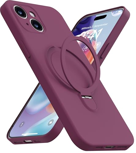 Coque iPhone 15 Plus silicone MagSafe béquille anneau rouge vin