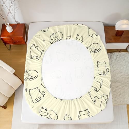 Image of Kawaii Cat Fitted Sheet Set Full Size 4 Pcs,Kitten Silhouette Yellow Teens Sheets,Cartoon Animals Pets Bedding Sets (1 Fitted,1 Flat,2 Pillowcases) Luxury Deep Pocket Bed Sheets