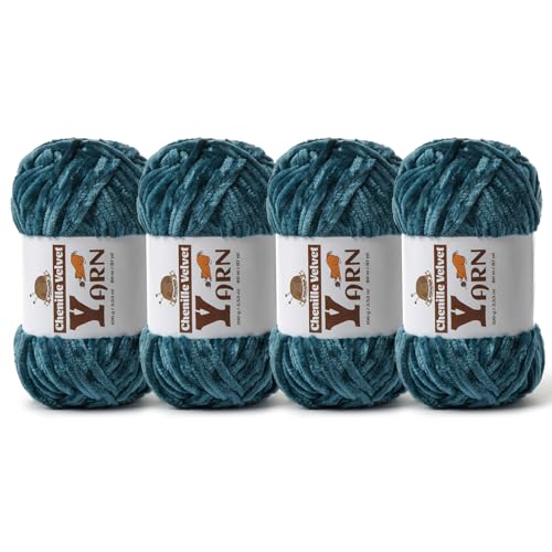 Image of 4 Pack Plush Chenille Chunky Yarn - Fluffy Velvet Yarn Crochet for Blanket Knitting and Crocheting - Soft Baby Yarns for Crocheting - Amigurumi Crochet Yarns 100g (87yds) (4 Sapphire Blue)