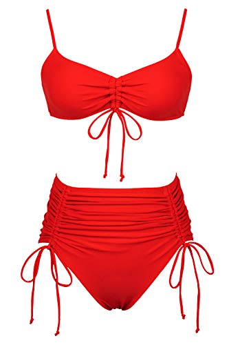 Meyeeka Spaghetti Strap High Cut Thong Bikini Sets Ruched Tummy Control 2Pcs Swimwear For Women Red #TOP4