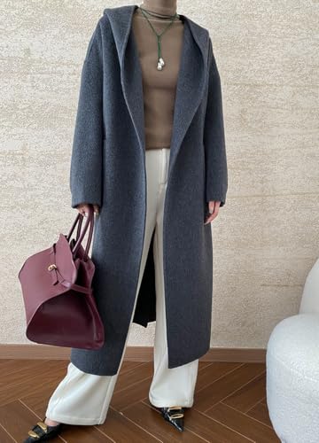 chouyatou Women's Winter Open Front Belted Wool Coat Casual Loose Hooded Midi Long Winter Pea Coat2