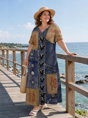 Image of SUZONANA Plus Size Denim Print Maxi Dresses for Women Casual V Neck Short Sleeve with Pockets Soft Jean Look Dress XL-6XL