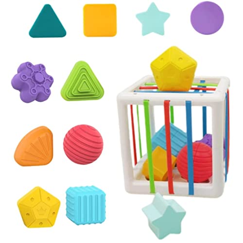 Contenedor sensorial para juguetes de bebé de 6 a 12 meses con cubo de cuerda elástica y 10 formas