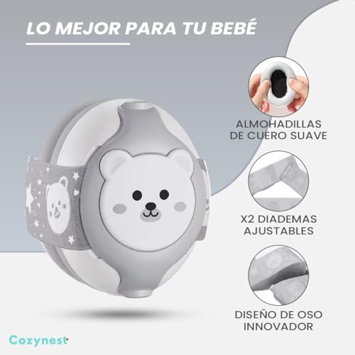 Miniatura 3 de Cozynest Cascos Antiruido Para Bebés 0-36 Meses Con Reducción De Ruido De 25db, Diseño De Oso Y Diadema Ajustable - Orejeras Antiruido Con Bolsa De Transporte 25db Cinta Extra, Gris