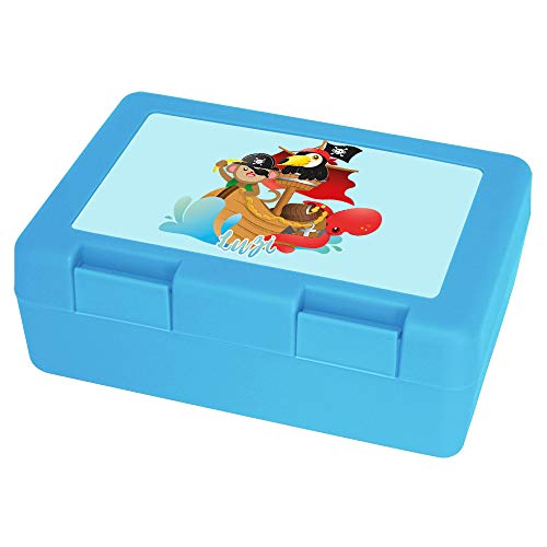 Eurofoto Brotdose mit Namen Luzi und Tier-Piraten-Motiv für Mädchen | Brotbox hellblau | Vesperdose | Vesperbox | Brotzeitdose mit Vornamen