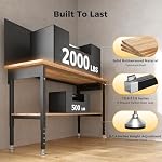 CAMMOO 60" Work Bench Adjustable Height with Storage Shelf, Max Load 2000 LBS Heavy Duty Rubberwood Tabletop with Pegboard, LED Light, Built-in Power Strip for Woodworking Shop, Garage, Home