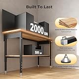 CAMMOO 60' Work Bench Adjustable Height with Storage Shelf, Max Load 2000 LBS Heavy Duty Rubberwood Tabletop with Pegboard, LED Light, Built-in Power Strip for Woodworking Shop, Garage, Home