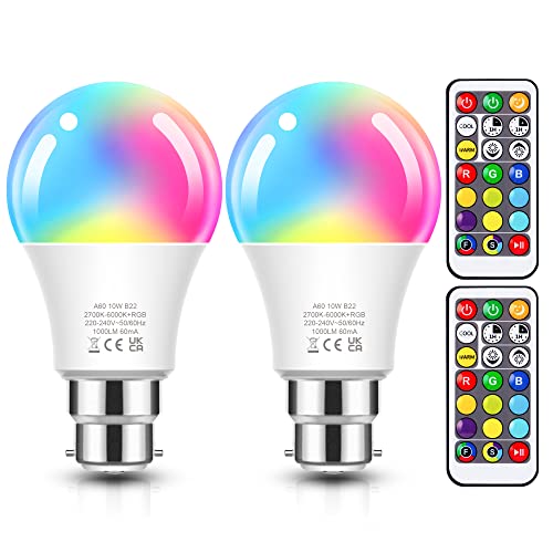 B22 Colour Changing Light Bulb Dimmable, 10W Bayonet LED Bulbs with Remote Control, RGB+Cool/Warm White(2700K-6000K), Remote Control Colour Light Bulbs, 17 Color for Decoration, Party, Bar, 2 Pack