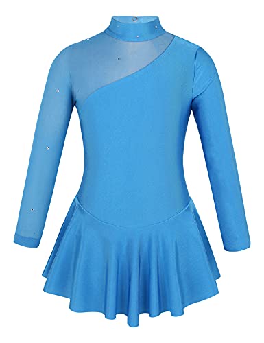 Kvysinly Girls Figure Ice Skating Dress Long Sleeve Mock Neck Mesh Splice Ballet Tutu Dress Gymnastic Leotard Dancewear Blue 10 Years #TOP4