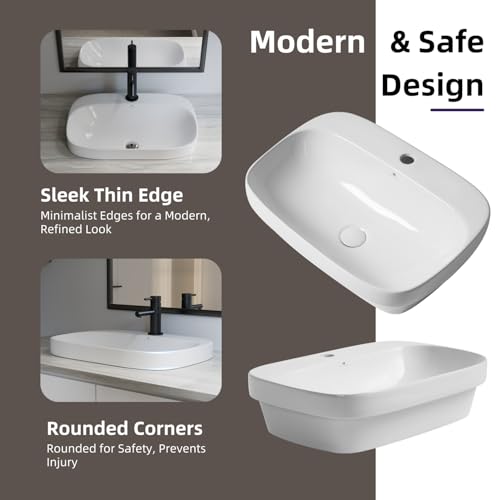 Image of 24″W x 17″D Drop In Bathroom Sink, Los Flexi White Rectangular Semi Recessed Bathroom Vessel Sink with Pop-Up Drain Kit, Single Faucet Hole, Above Counter Basin for Bathrooms