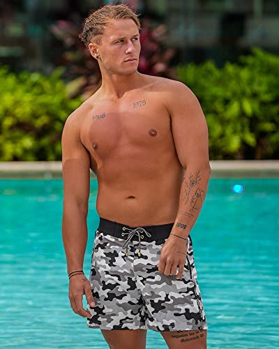 White Camo Swim Trunks - 5", Quick Dry, 4 Way Stretch, Chlorine Resistant, Built in Compression Liner3