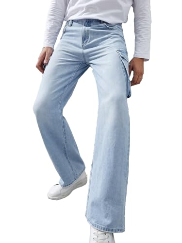 Image of KOTTY Men's Loose Fit Cargo Denim Jeans - Vintage Washed Utility Jeans with Side Pockets