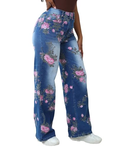 High Waisted Straight Leg Jeans for Women Trendy Floral Print Stretchy Distressed Baggy Denim Pants3