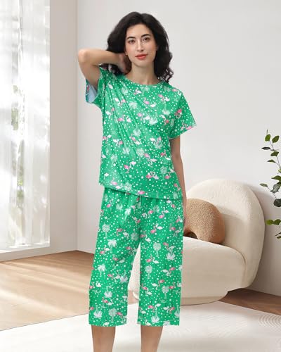 XPUDAC 4 Pack Womens Pajama Sets Short Sleeve Tops with Capri Pants Soft Sleepwear Pjs Set3