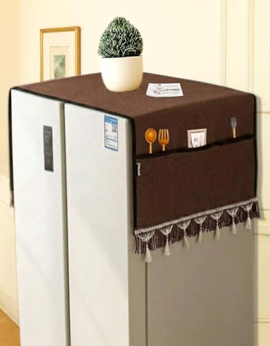 Image of Refrigerator Side by Side Door Waterproof, Dustproof, Protective Cover for Fridges with Extra Storage Space Nylon Top Cover with 6 Storage Pockets (170 x 65 cm) (Brown Lace)