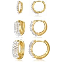 3Pairs Gold Hoop Pearl Earrings Set for Women Trendy Chunky Huggie Dainty Earring Jewelry for Women