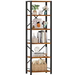 Furologee 6 Tier Tall Bookshelf, Industrial Narrow Bookcase, Display Standing Shelf Units, Metal and Wood Storage Rack Organizer for Living Room, Home Office, Entryway, Kitchen, Rustic Brown