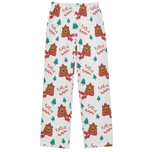 Boy's Lounge Pants Funny Cartoon Bear Head Scarf Kids Jogger Pants Elastic Waist Long Bottoms with Pocket 6-14 Years