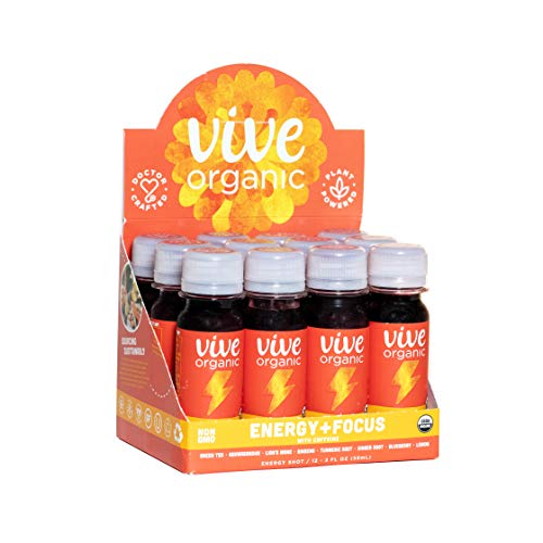 Energy + Focus (12 Pack) - Energy Shot by Vive Organic | The Ultimate Brainpower Blend | USDA Organic, Vegan, Green Tea, Ashwagandha, Lions Mane, Ginseng, Turmeric Root, Ginger Root, 75mg Caffeine