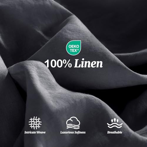 Image of 100% Pure Linen Sheet Set for Hot Sleepers 4pcs Sheet Set 1 Flat Sheet, 1 Fitted Sheet, 2 Pillowcases (Dark Gray Queen)