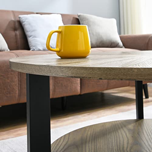 35.3" Round Coffee Table With 2-Tier Storage, Farmhouse Living Room Cocktail Table With Black Metal Leg, Solid Wood Industrial Sofa Center Table,Easy Assembly, Rustic Natural Kfz1338 #TOP5