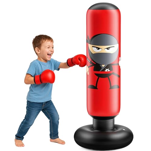 Boxsack Kinder Ninja Design 163cm Aufblasbarer Boxsäcke für Kinder Schnell Zurückspringender Boxset für Karate Taekwondo Spielzeug für Jungen und Mädchen 3-12 Jahre (Rot)