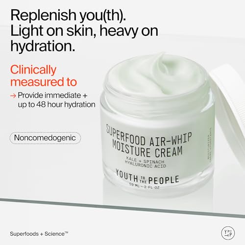 Youth To The People Superfood Air-Whip Moisture Cream, Enriched with Kale, Spinach & Hyaluronic Acid, Lightweight Gel Hydrating Moisturiser, Plumps & Hydrates, Moisturiser for Sensitive Skin, 59ml