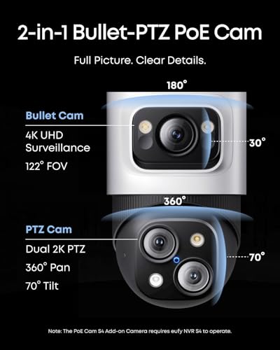 Image of eufy PoE Bullet-PTZ Cam S4, NVR Wired Add On Cam, Requires eufy NVR, 4K UHD Triple Lens, 360 Pan and Tilt, 8X Hybrid Zoom, AI Tracking, Red and Blue Light, PoE Plug and Play, 24 /7 Recording