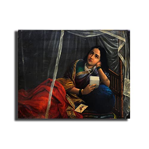 Image of Sikhash Raja Ravi Varma Canvas Painting Classic Art Indian Art Famous Artist Wall Painting for Living Room Unframed Multicolor Fabric Size - 35x26 inches (89x66 cms, Woman weeping in Love)