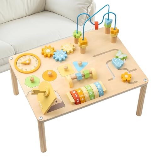 Duroecsain Mesa de Actividades Versátil Primera Edad para Niños - Mesa De Desarrollo Sensorial | Juguetes de Aprendizaje Interactivos de Madera con Clasificador de Formas y Laberinto de Perlas para