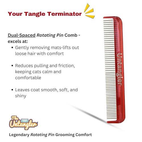 Image of Cat Comb, 7 inch, Ferrari Red - Silky Smooth Rotating Teeth for Gently Detangling Matted Cat Hair, Stainless Steel, Made in USA, Vet Recommended