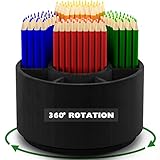 Bamboo Rotating Pencil Holder for Desk - Pen Holder Desk Organizer with 7 Compartments, Black Office