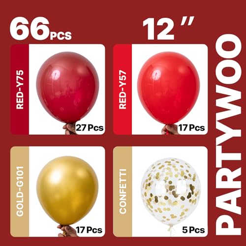 Image of PartyWoo Red and Gold Balloons 66pcs 12 10 Inch Matte Red Burgundy Metallic Chrome Gold Confetti Balloons for Graduation Baby Shower Birthday New Year's Eve Anniversary Christmas Party Decorations