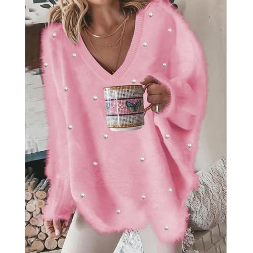 Akivide Womens Oversized Pullover Sweater with Pearls Embellished V Neck Long Sleeve Trendy Dressy Aesthetic Knit Tops2
