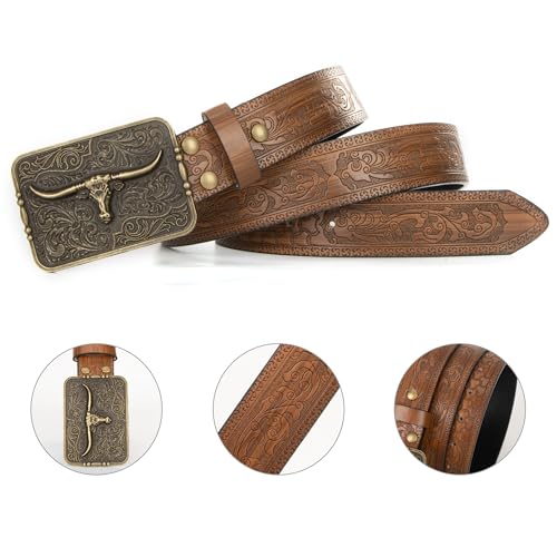 Men Women Brown Cow-Head Buckle Western Cowboy Belt Floral Carved PU Leather Cowgirl Belt - Vintage Longhorn Waist Belt4