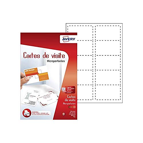Avery - Lote de 5 paquetes de 250 tarjetas de visita, bordes microperforados, 85 x 54 mm, inyección de tinta, color blanco