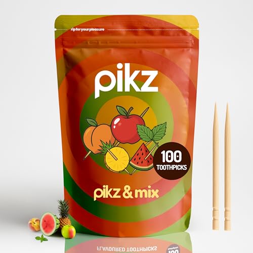pikz Flavoured Toothpicks Bold Natural Flavours Resealable Packs Fun Cheeky Tooth Picks Zero Sugar Natural Birchwood Tooth Picks (100 Toothpick Pack) (100 Toothpicks pikz + Mix)