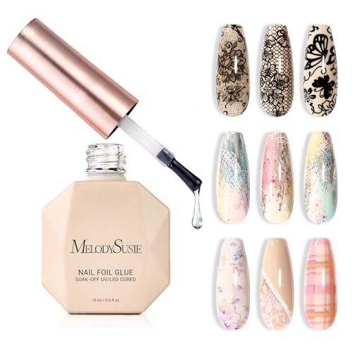 MelodySusie Nail Foil Glue Gel 15ML Soak Off LED/LUV Foil Transfer Adhesive for Nail Art Professional Strong Sticky Base for Nail Foils & Stickers Need Cure with Nail Lamp