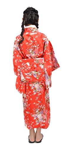 Tikusan Japanese Traditional Dress Kimono Yukata Robe for Kids Girls Costume (8-9 Years, Red)