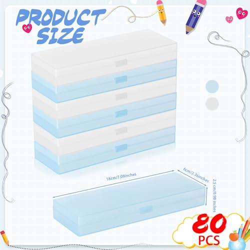 Image of Fainne 80 Pieces Back to School Plastic Pencil Boxes Pencil Case Bulk Frosted Clear Multi Colored Pens Holder Stackable Container with Lid & Snap for Stationery Office Classroom(White Blue)