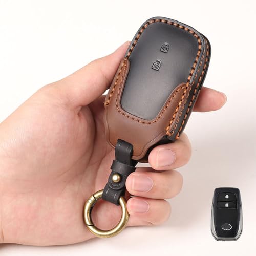 Image of Keyzone Dual Leather Key Cover for Toyota Innova Crysta, Innova HyCross, Hilux 2 Button smart Key (Black-Brown)