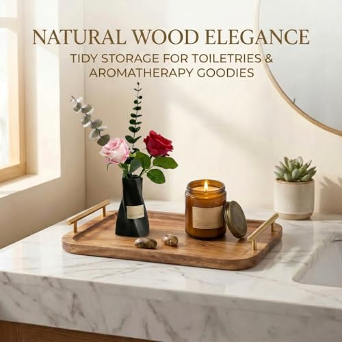 Bathroom Tray for Countertop Organizer,Vanity Tray with Gold Handle, Acacia Wood Tray for Bathroom Decor,Toilet Tank Tray, Multipurpose Organizer Rack for Lavatory, Bathroom, and Kitchen 11.8"x7.8" — view 2